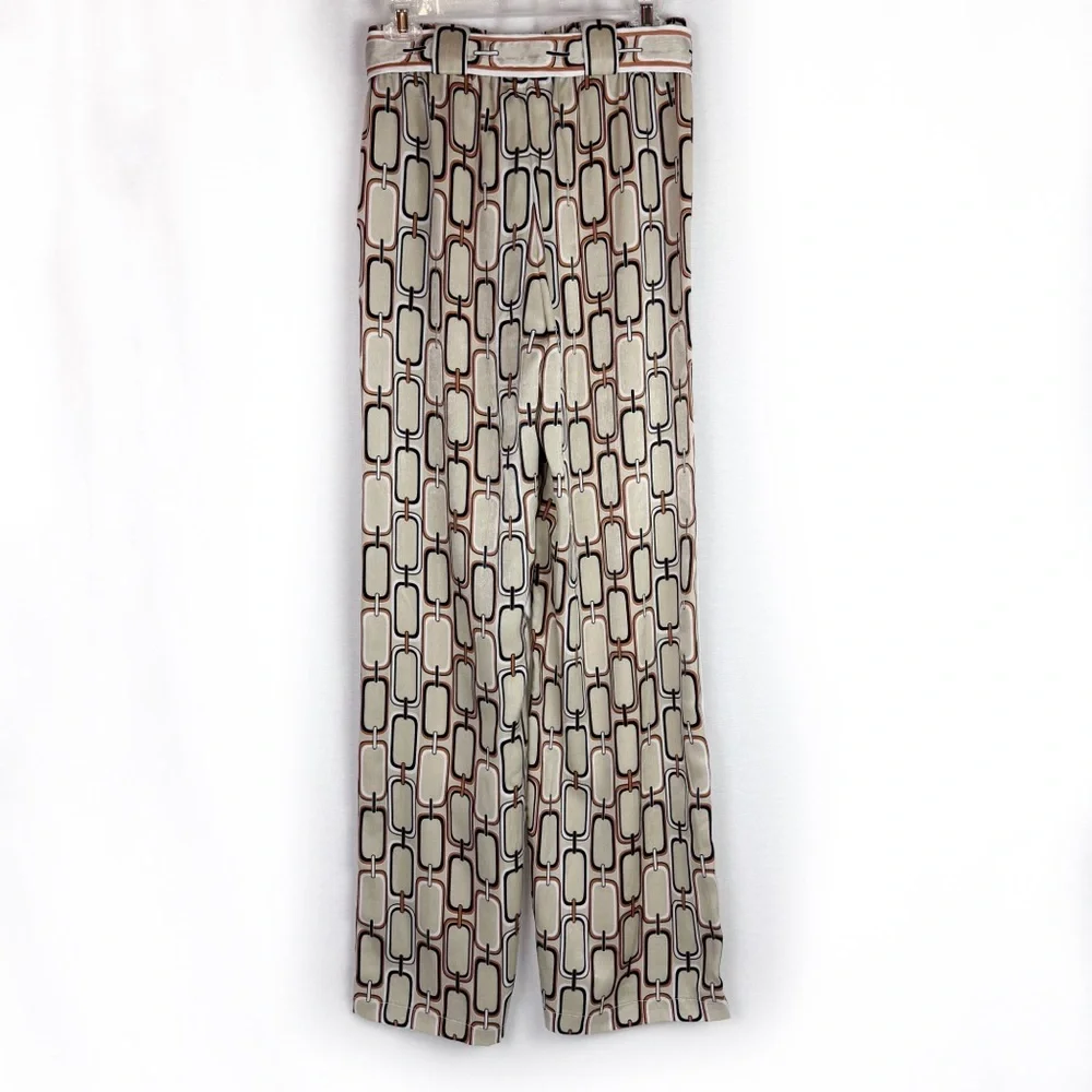 ALEXIS Tan Chain Link Print Lionel Belted Satin Pants with Tie Size Small - Picture 3 of 8